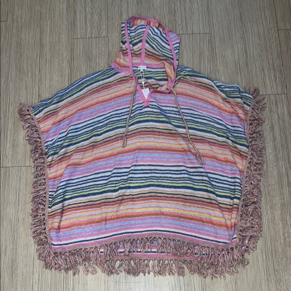 Minnie Rose Sweaters - NWT Minnie Rose Striped Hooded Poncho with Fringe